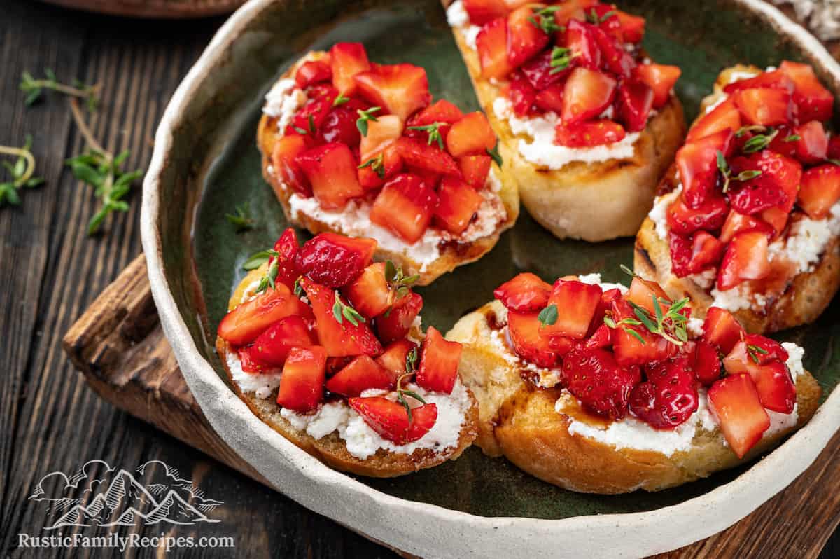 Strawberry bruschetta on a serving platter
