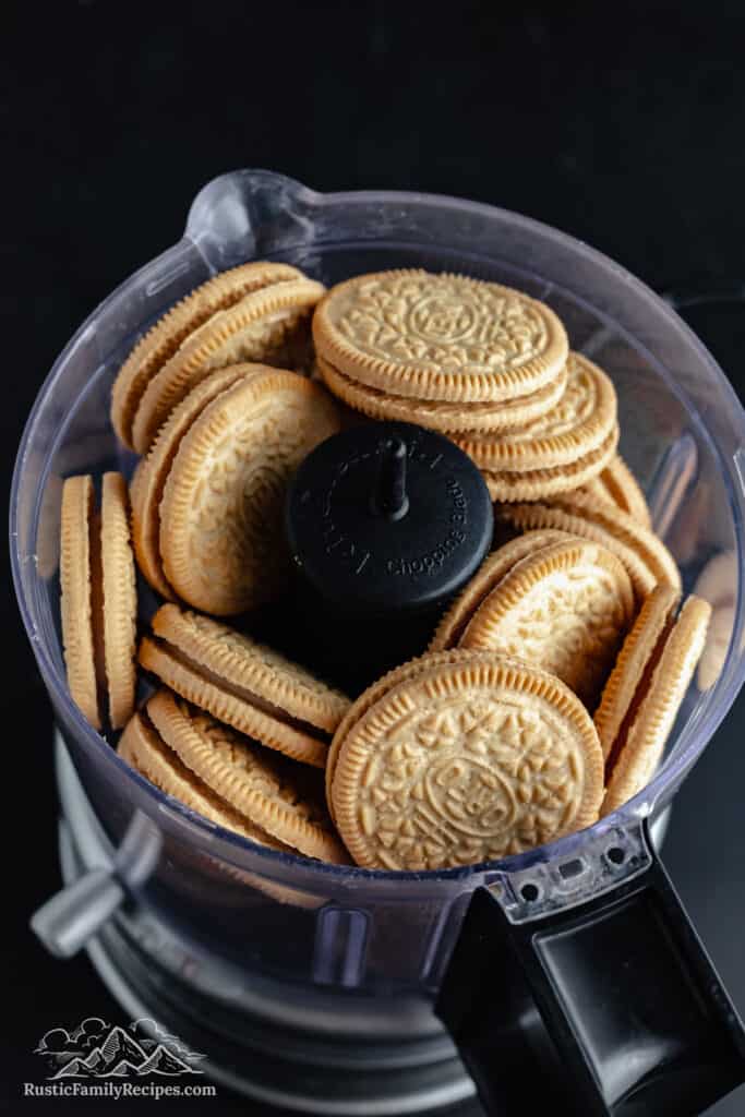 Golden Oreo cookies in a food processor.