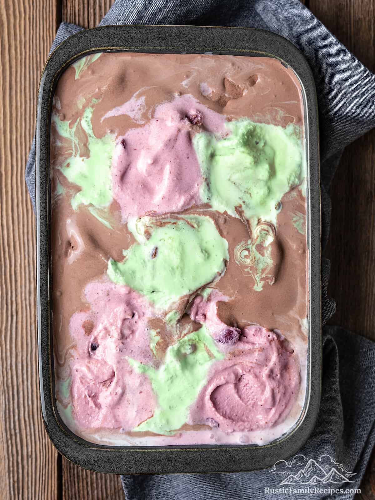 Top view of spumoni ice cream in a pan.
