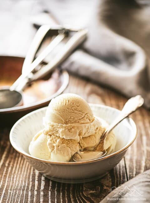 Scoops of bourbon vanilla ice cream in a bowl with a spoon.