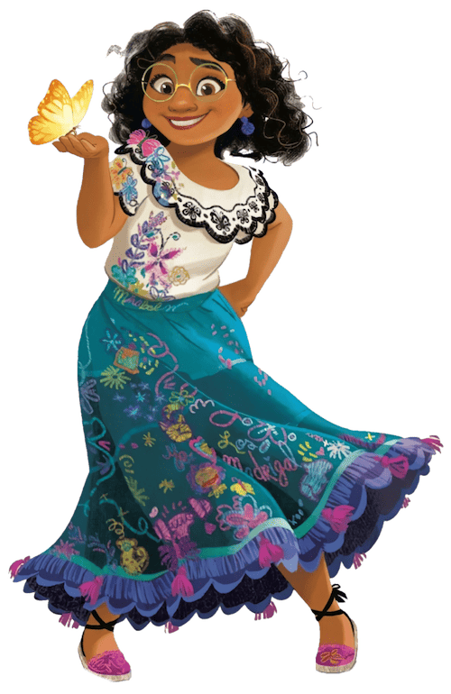 Mirabel from Encanto in a blue skirt and white shirt holding a butterfly