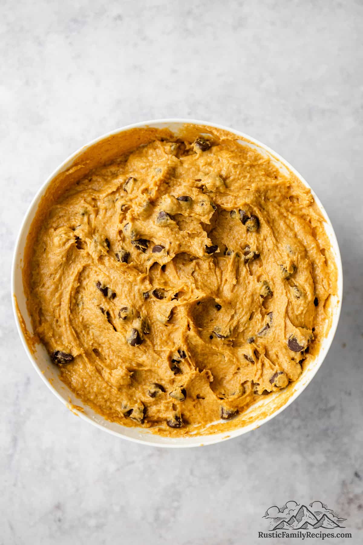 Pumpkin chocolate chip cookie dough in a mixing bowl.