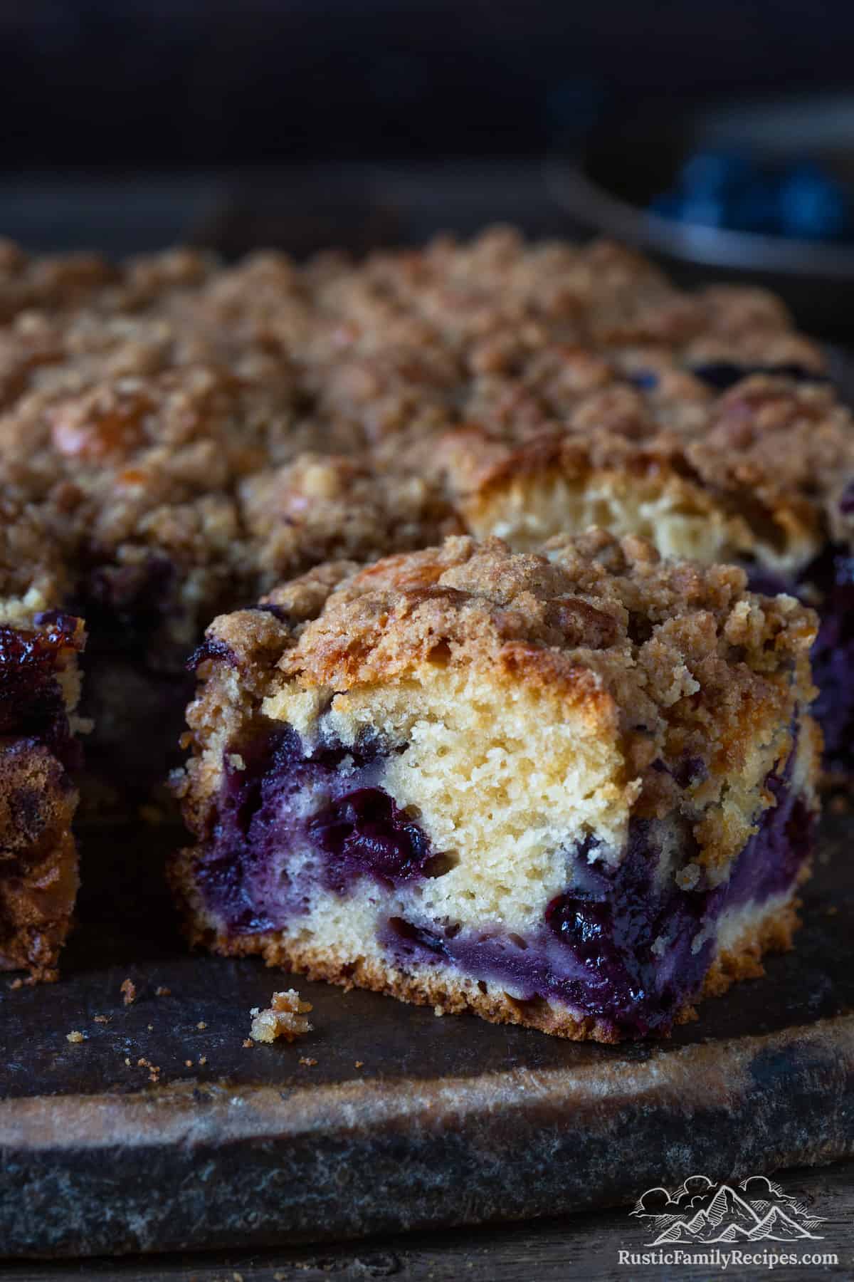 Close up of a slice of blueberry buckle.