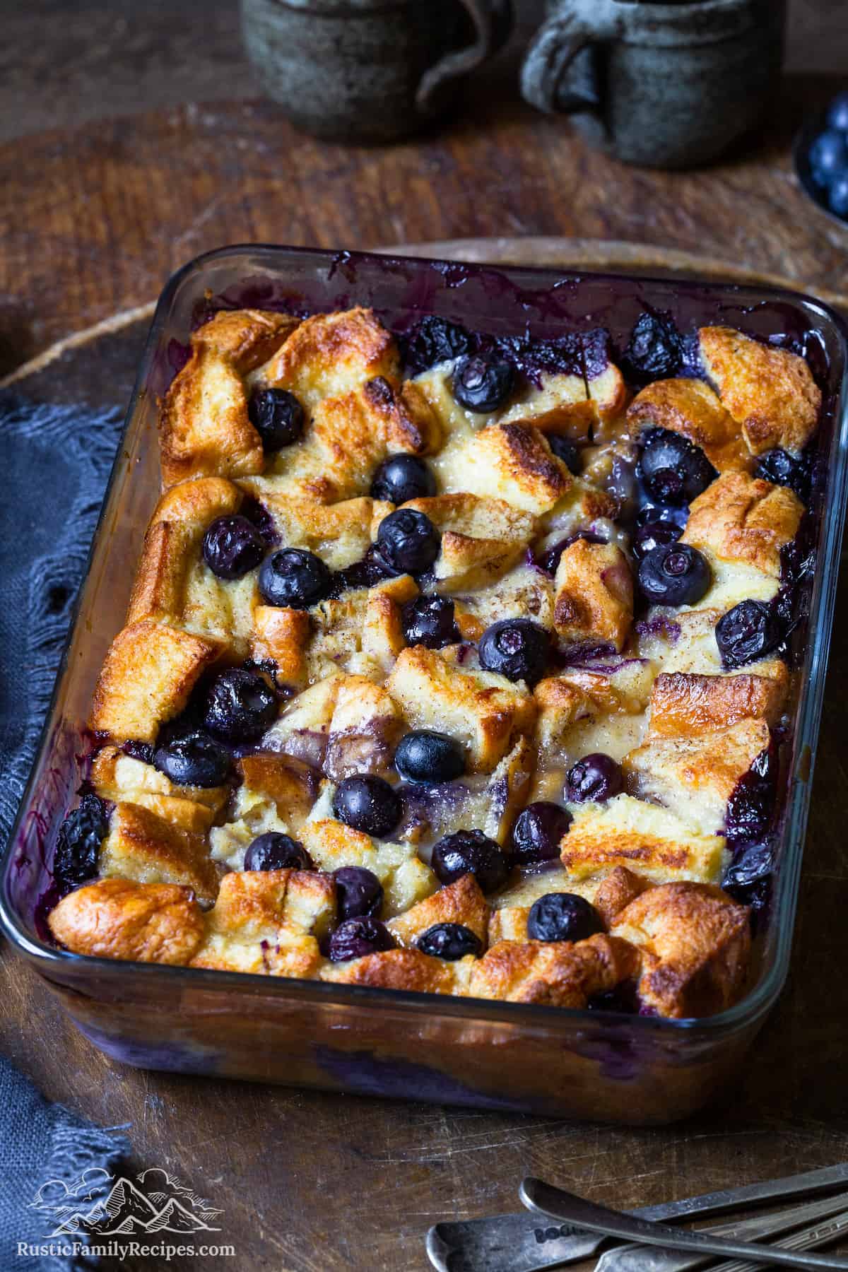 Blueberry bread pudding in a 9x13 casserole dish