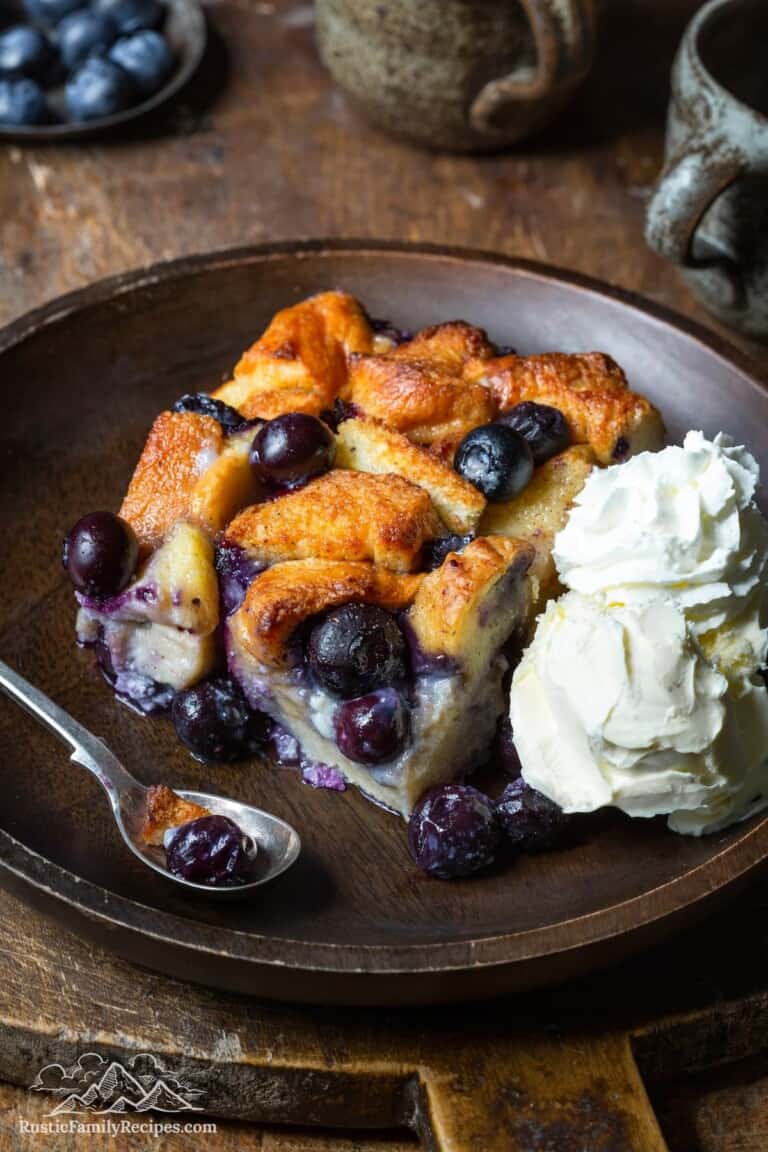Slice of blueberry bread pudding