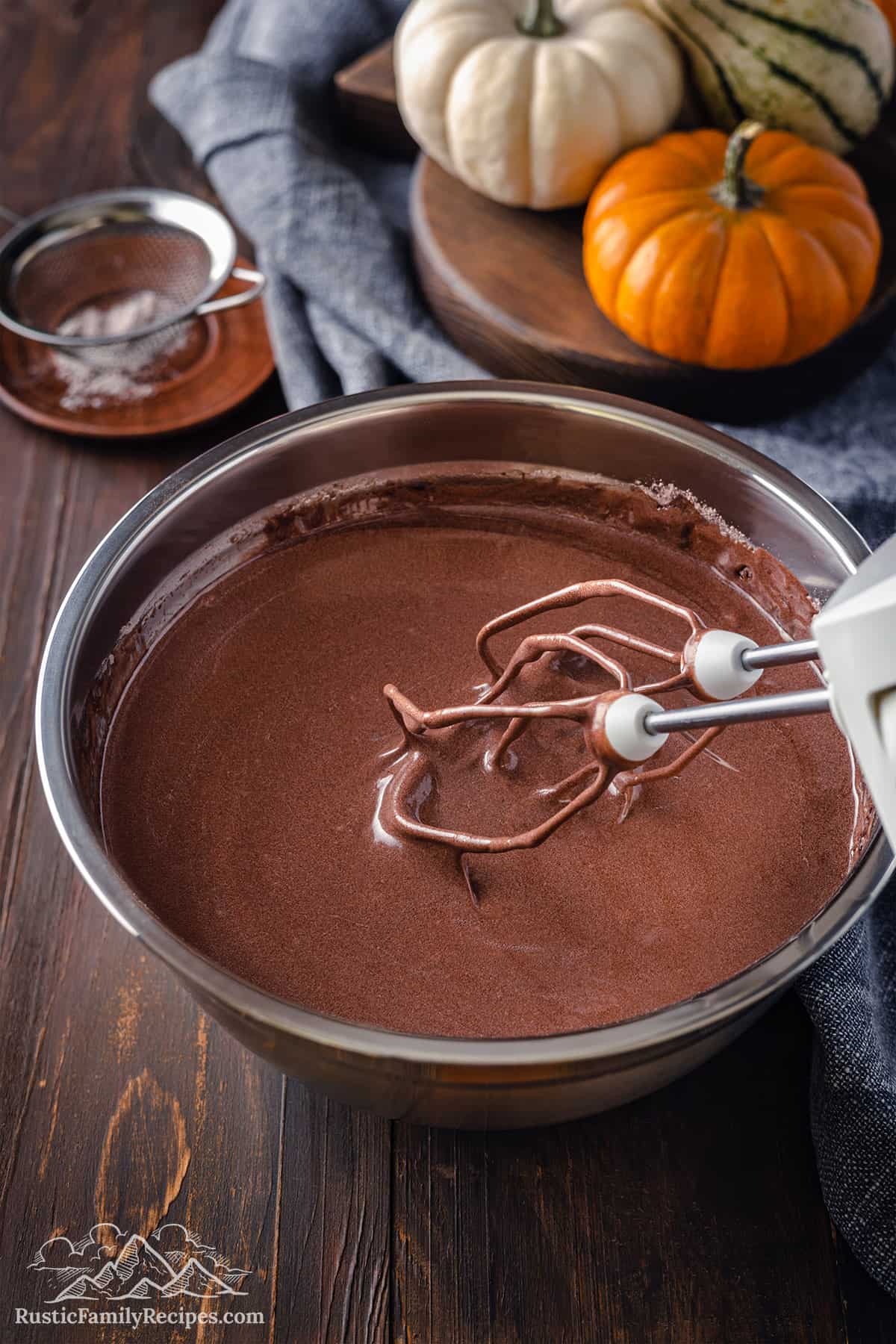 Mixing a bowl of chocolate cake batter.
