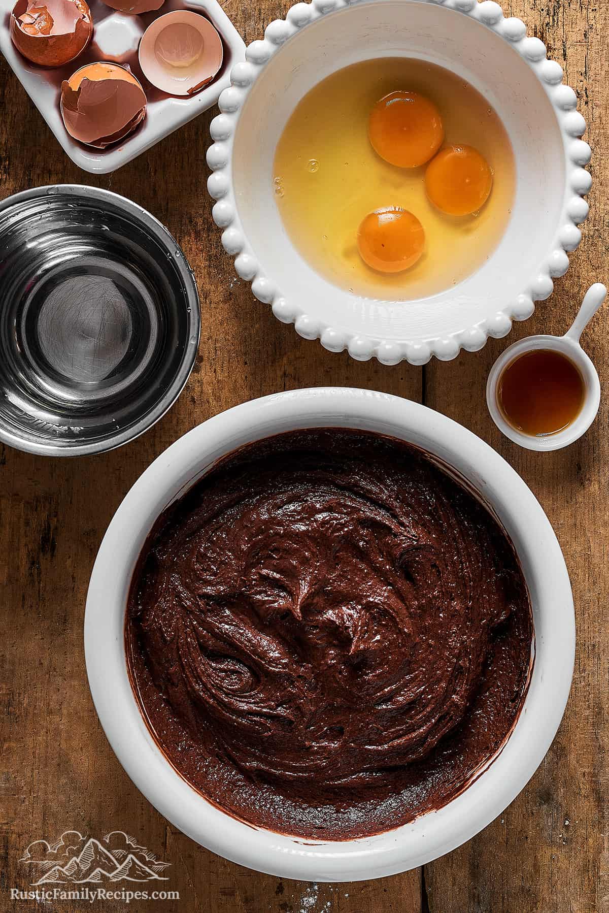 Eggs, water, and vanilla extract for the batter.