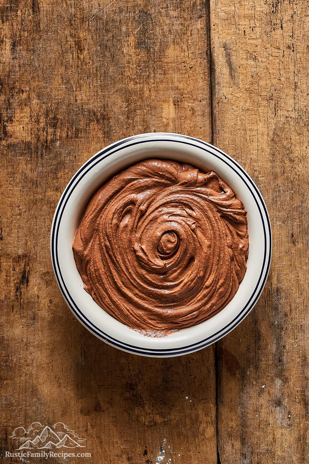 Blended chocolate fudge frosting.