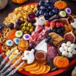 A halloween themed charcuterie board with a skeleton hand and small pumpkins