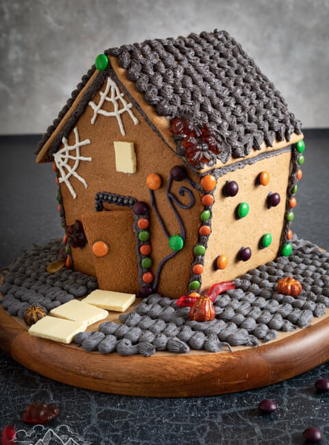 Decorated Halloween gingerbread house.