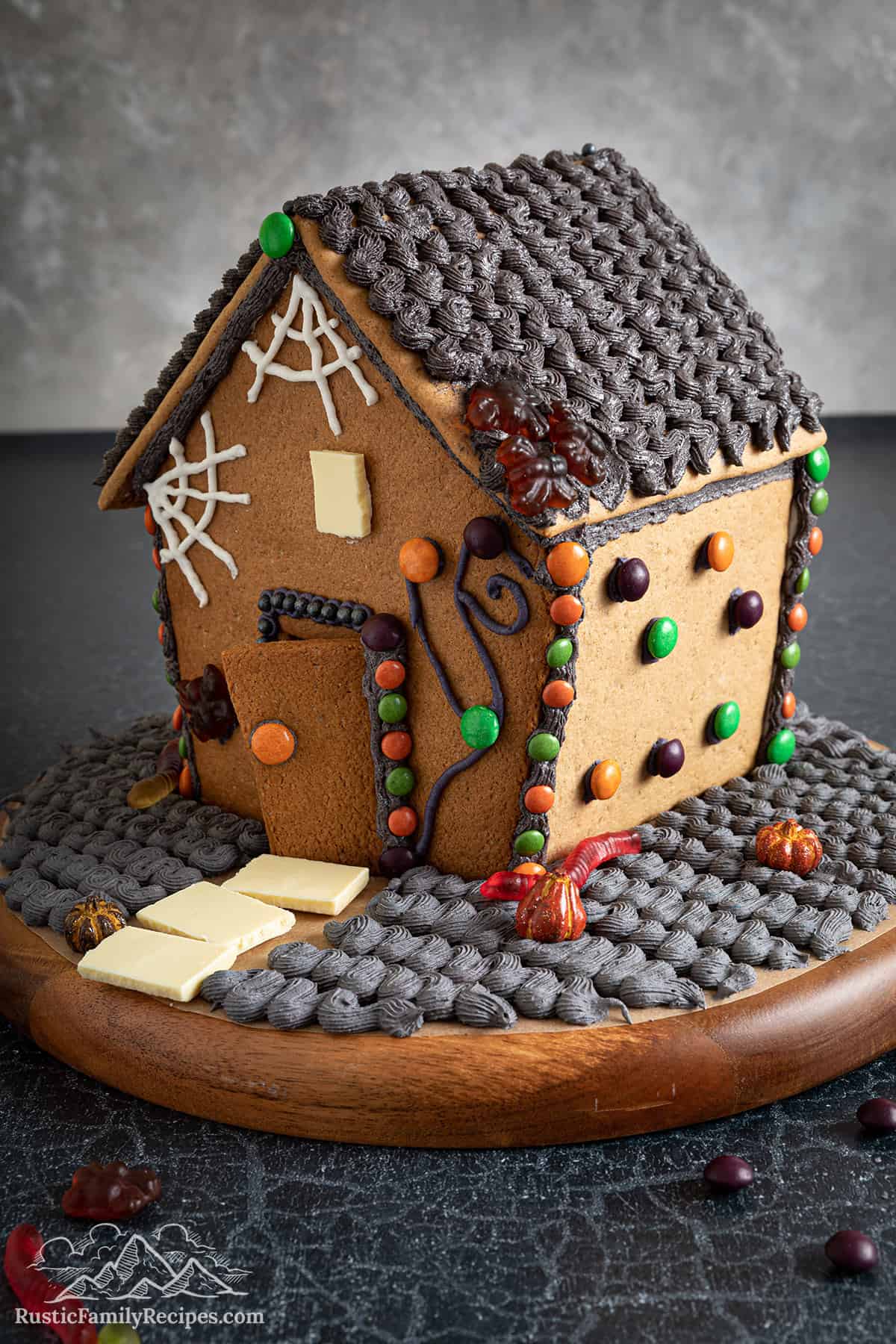 Decorated Halloween gingerbread house.