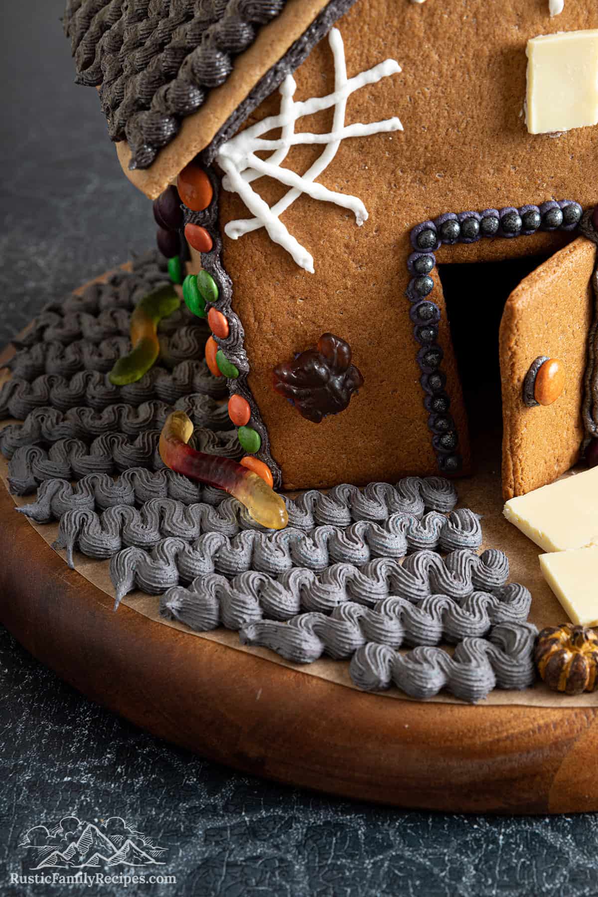 Close-up of decorated Halloween gingerbread house.