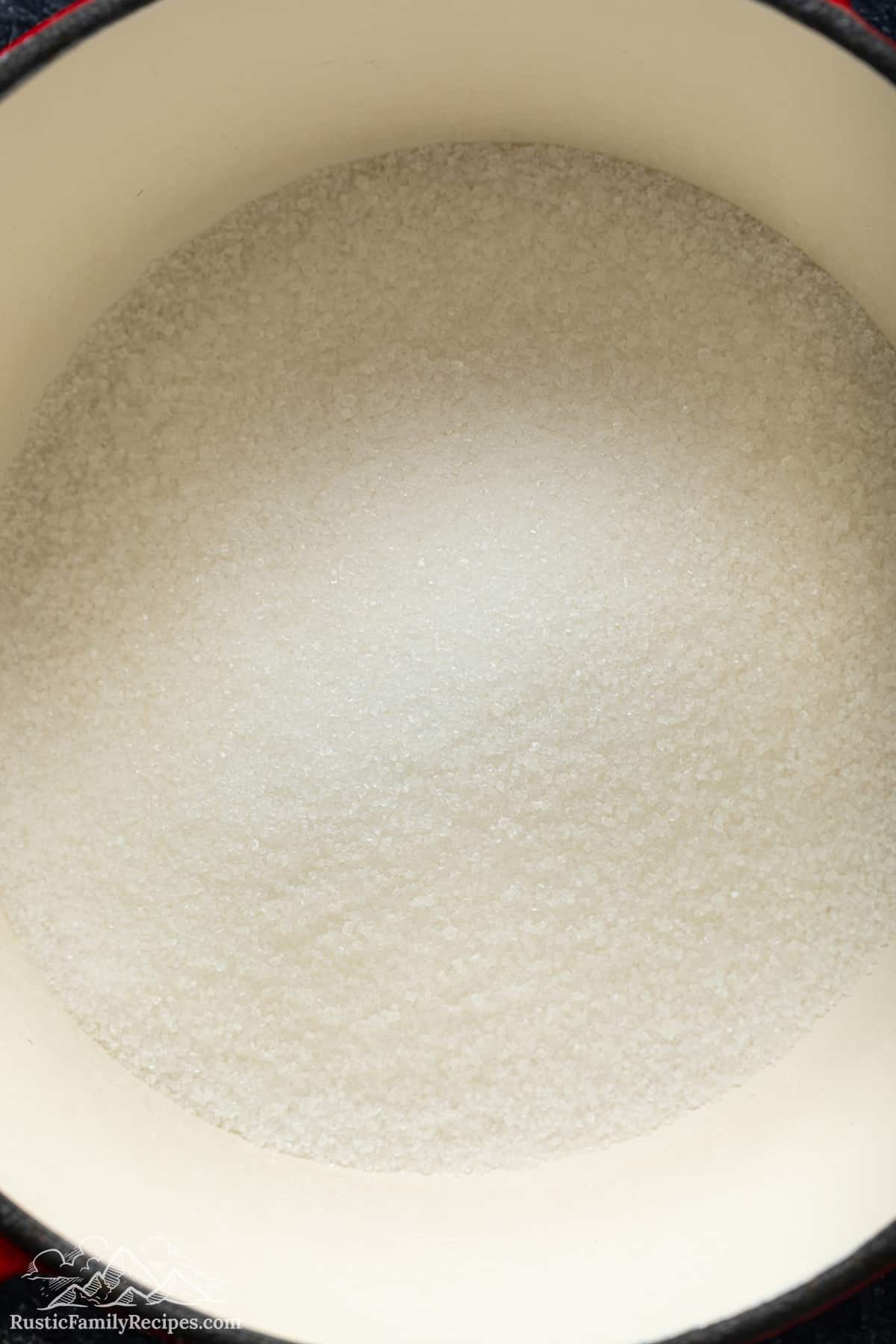 Granulated sugar in a pan.