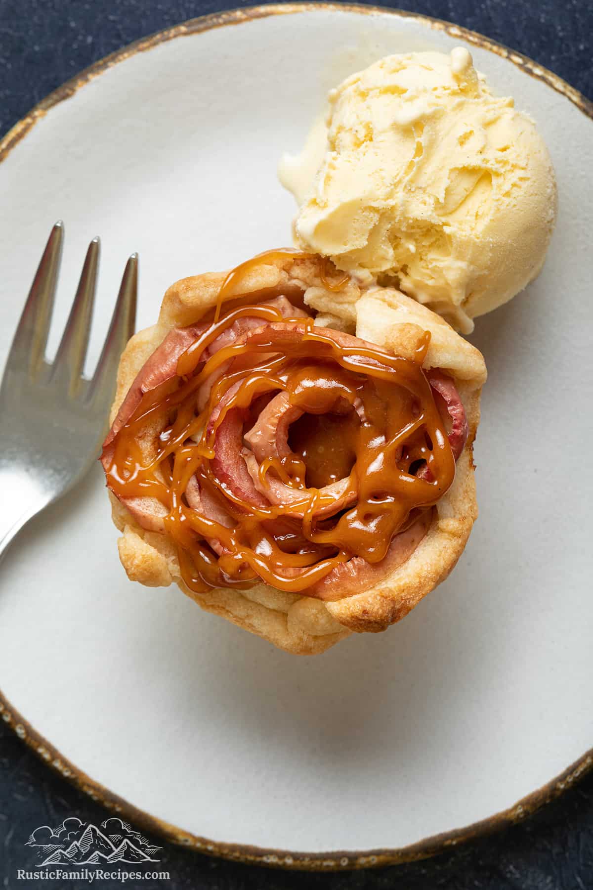 Top view of an Apple Rose Tartlet with ice cream