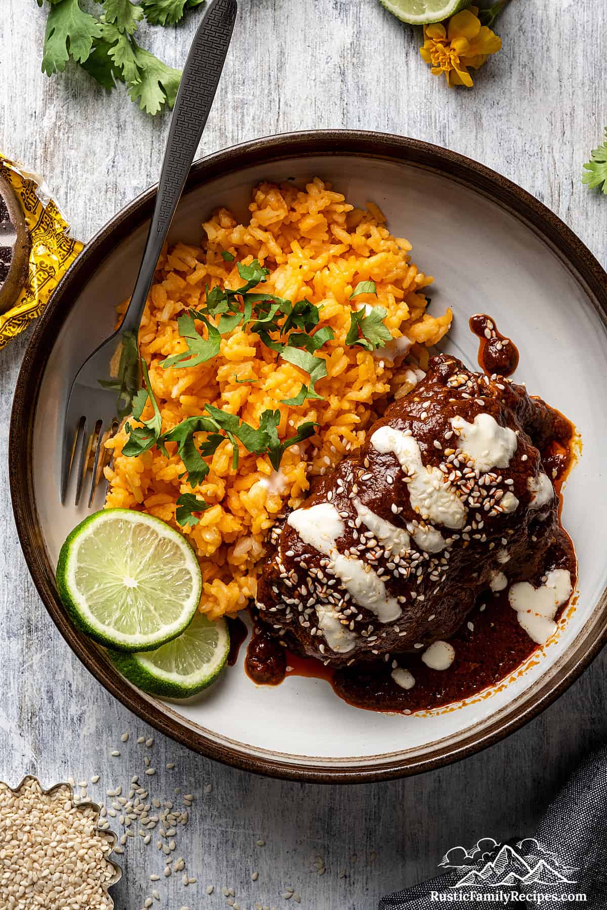 Mole con pollo drizzled with Mexican crema, served with a side of Mexican rice.