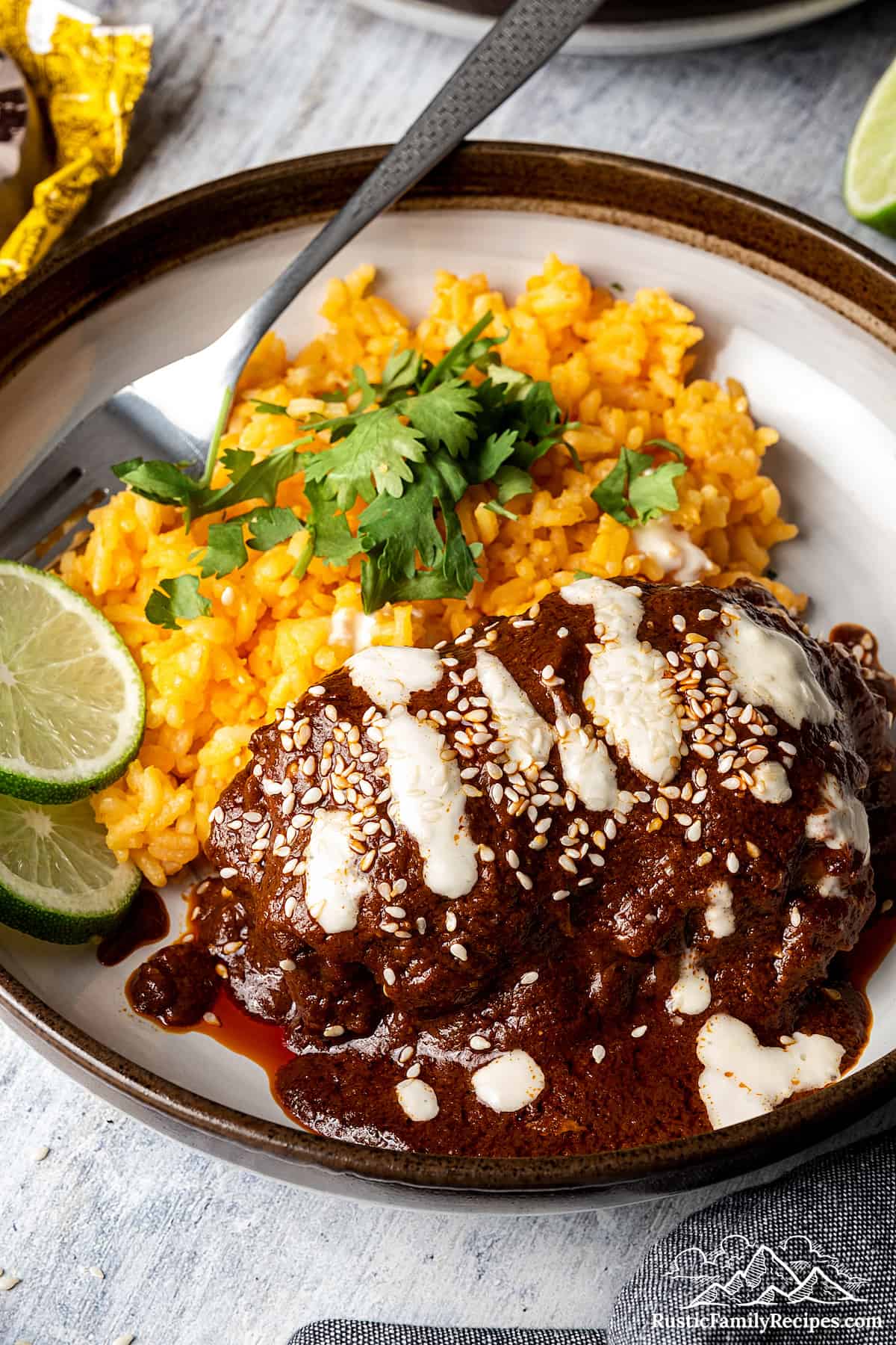 Mole con pollo with Mexican crema and sesame seeds, served with red rice and lemon wedges.
