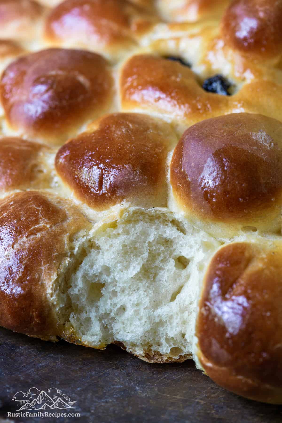 Close up of the inside of a turkey challah bread loaf