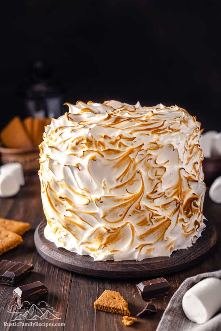 S'mores cake with torched marshmallow frosting.