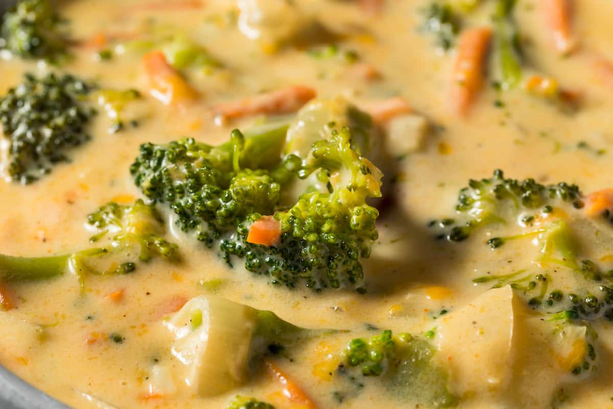 Close up of broccoli cheese soup in a bowl