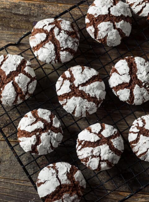 Chocolate Crinkle Cookies cooling on a wire rack