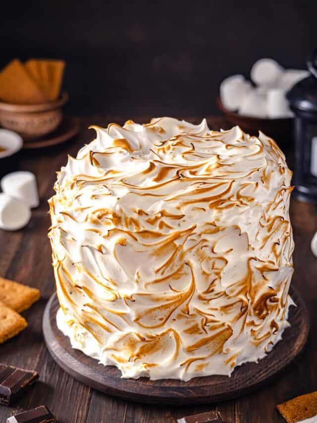 Assembled cake with torched marshmallow frosting.