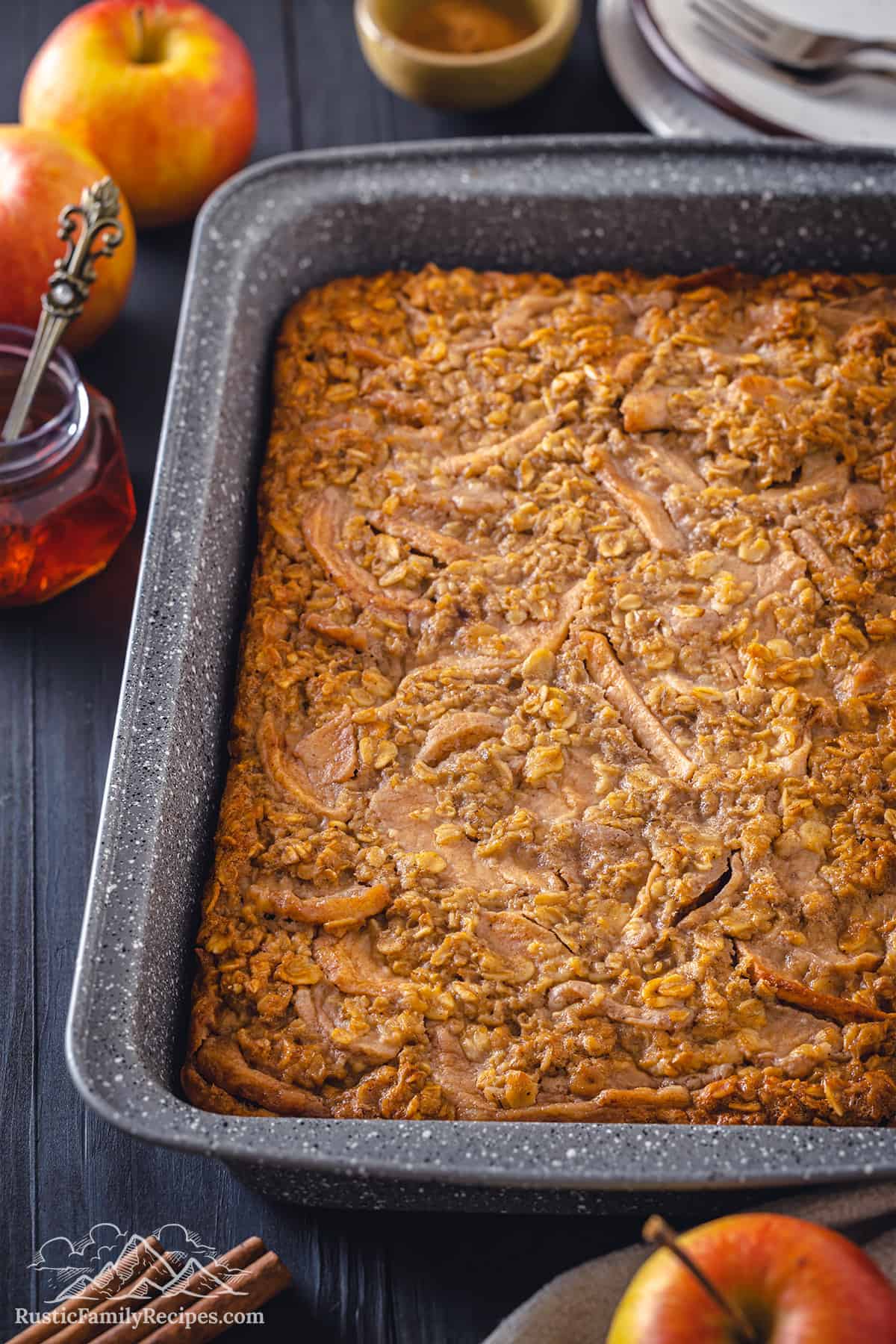 Baking dish with apple baked oatmeal