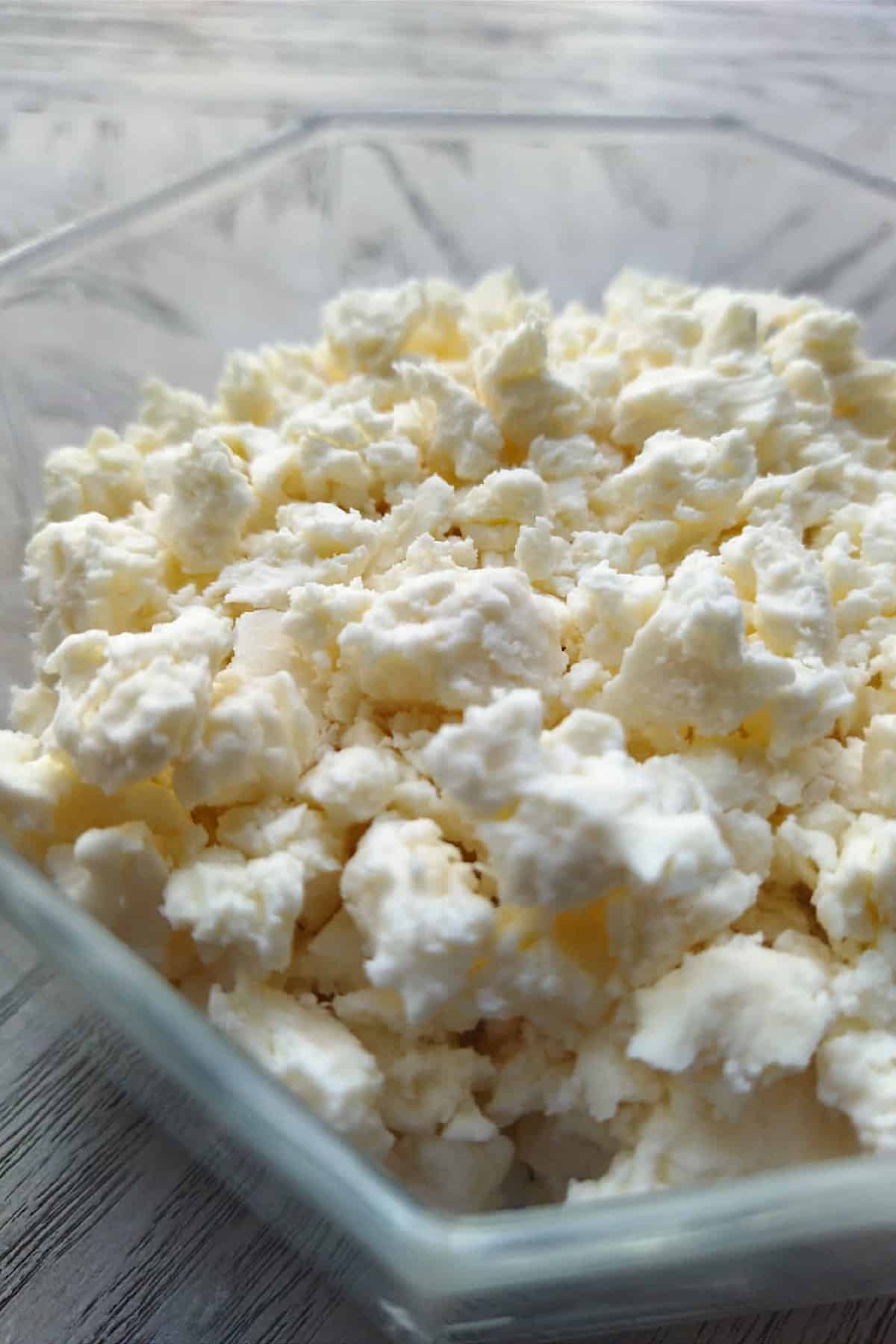 Close-up of crumbled cotija cheese.