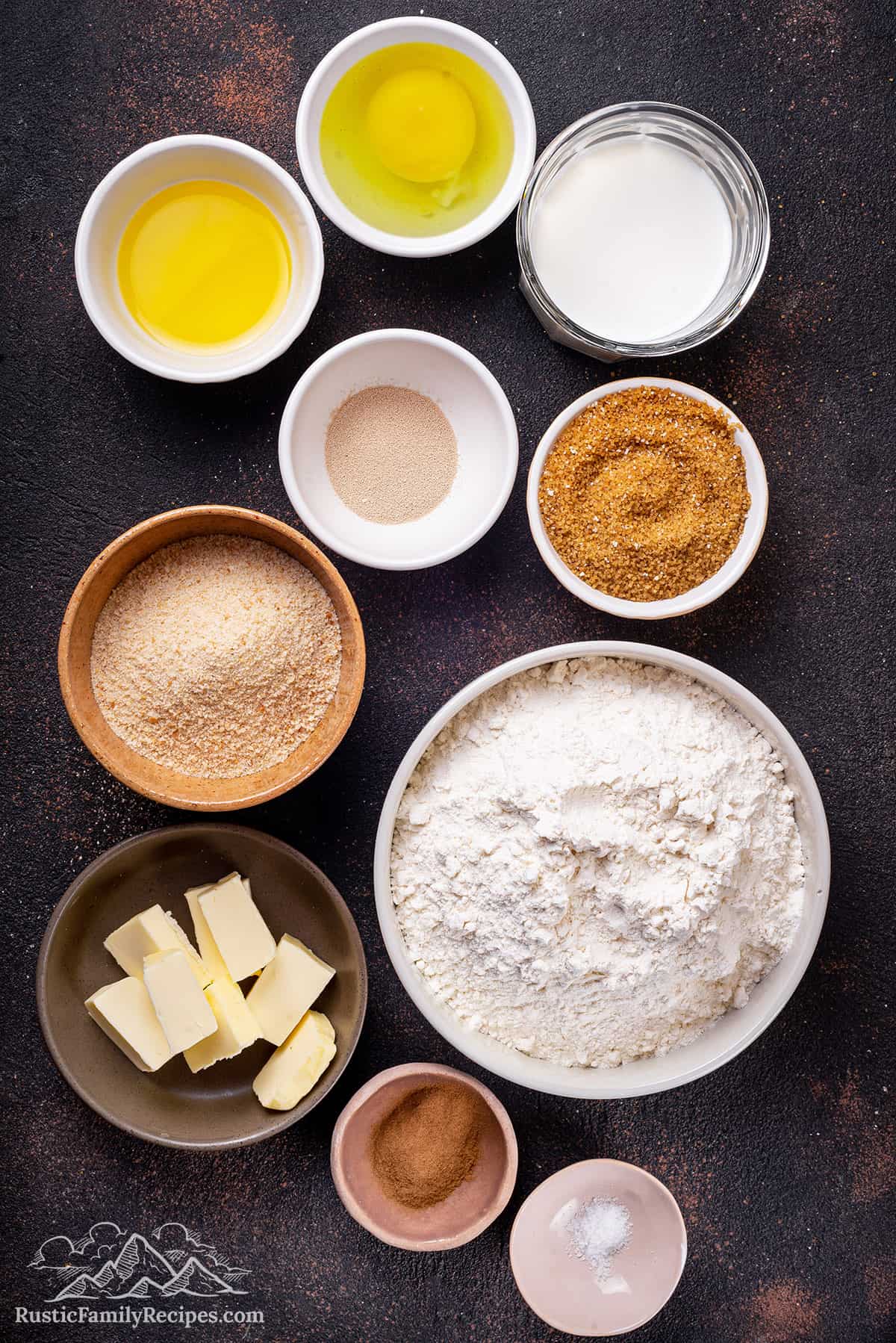 Ingredients for Senorita Bread in small white bowls