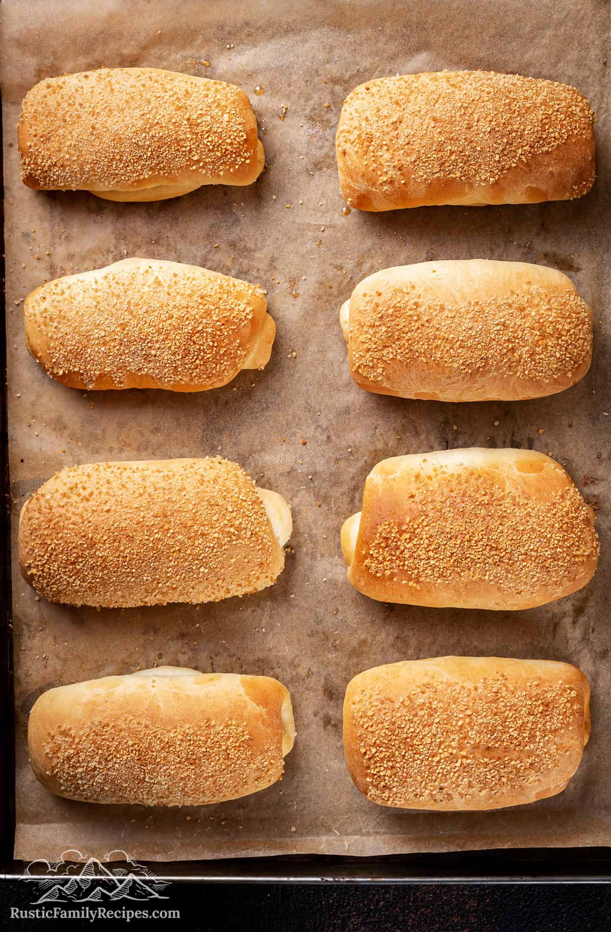 Baked Senorita bread rolls on parchment paper