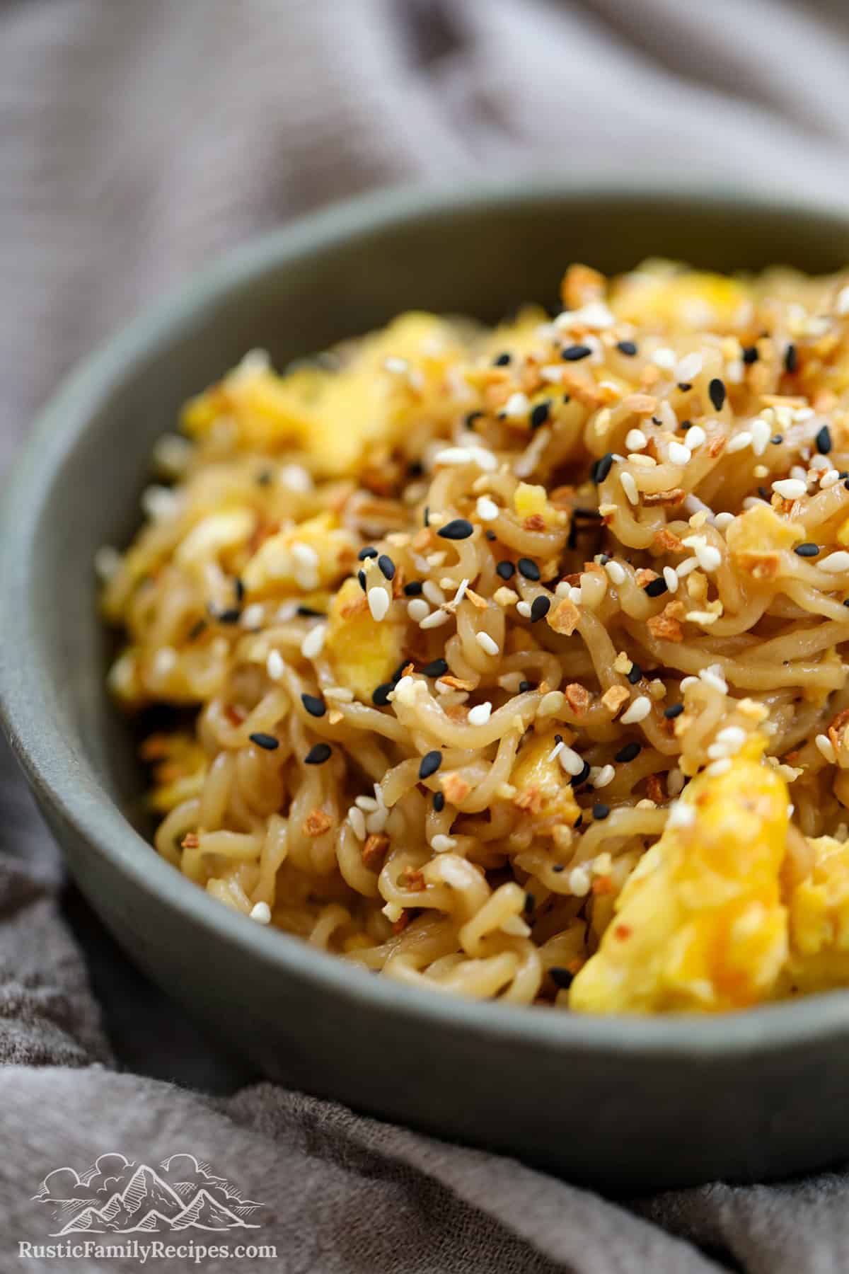 Close up of tiktok ramen noodles in a bowl with scrambled eggs