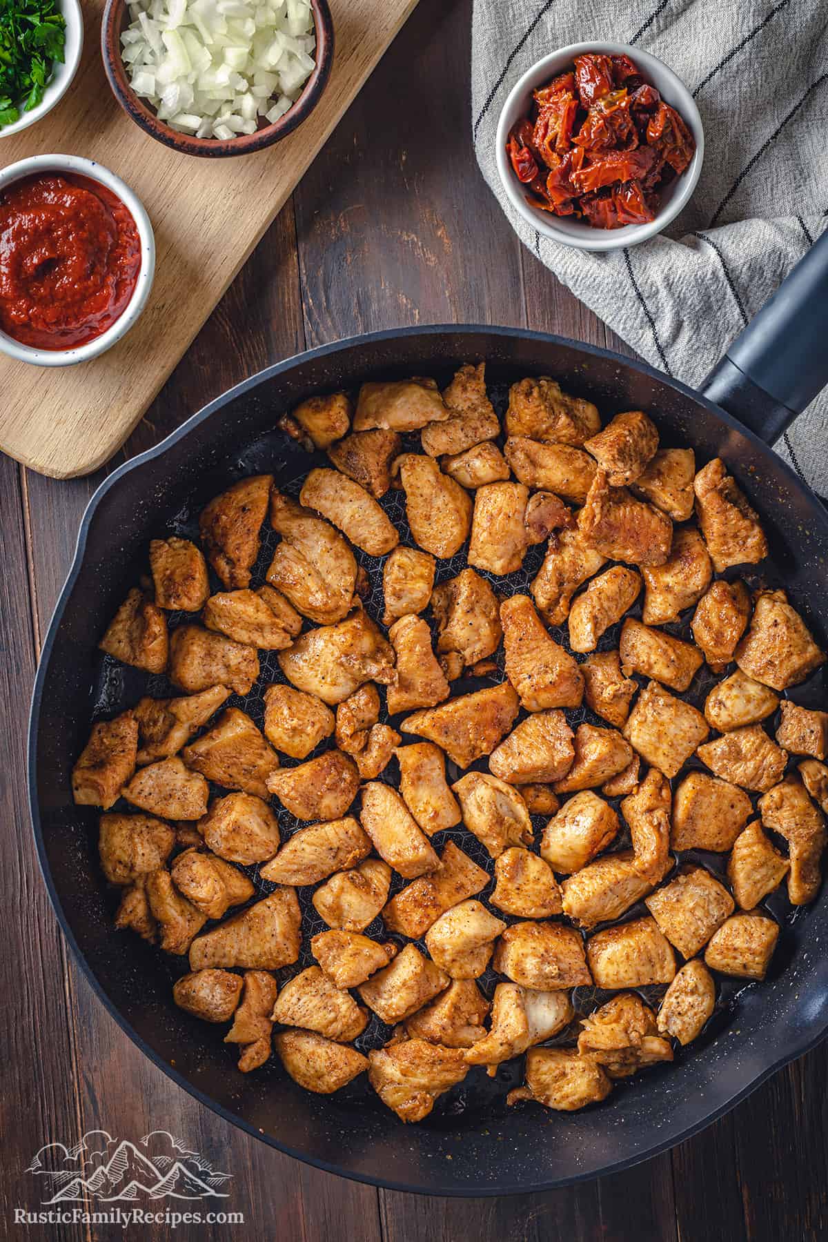 Cooked chicken in a skillet