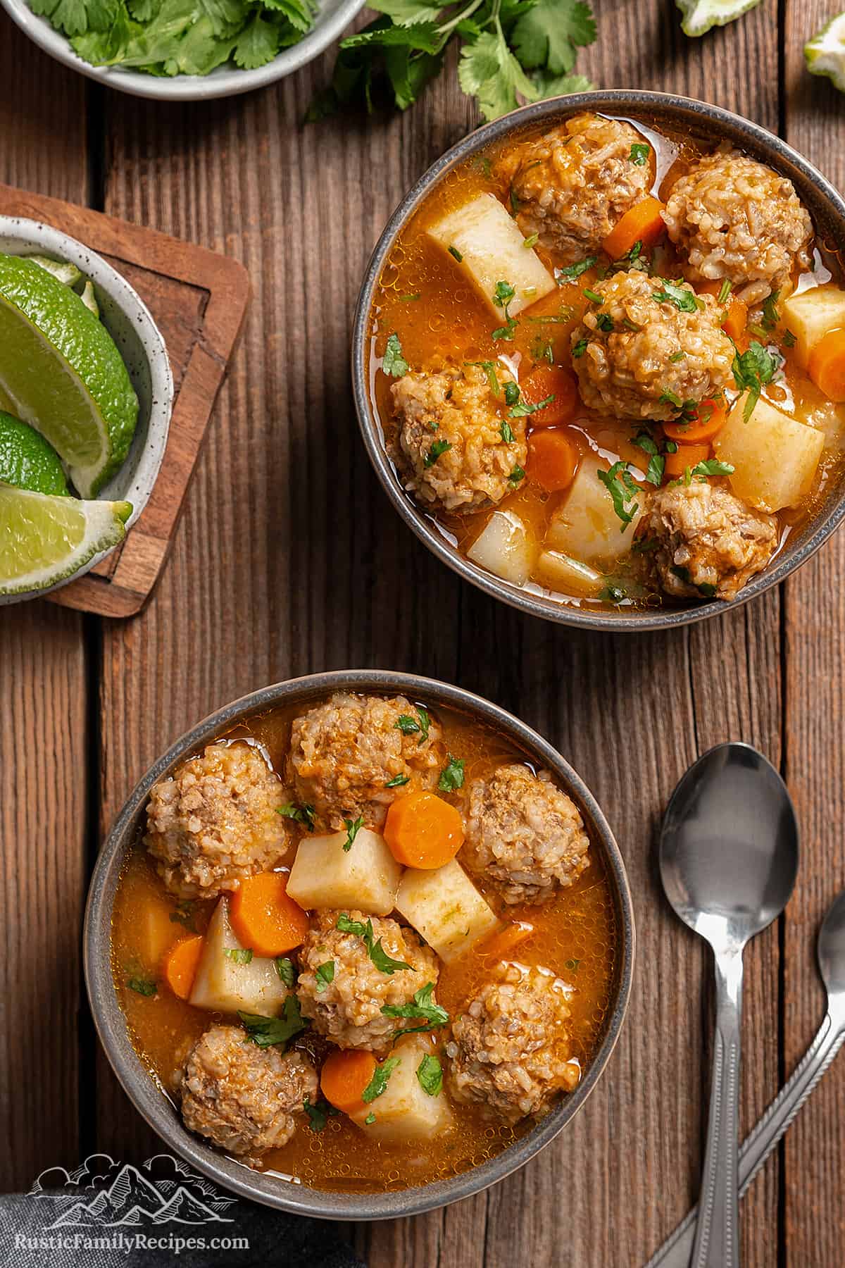 Two bowls of Mexican Albondigas Soup 