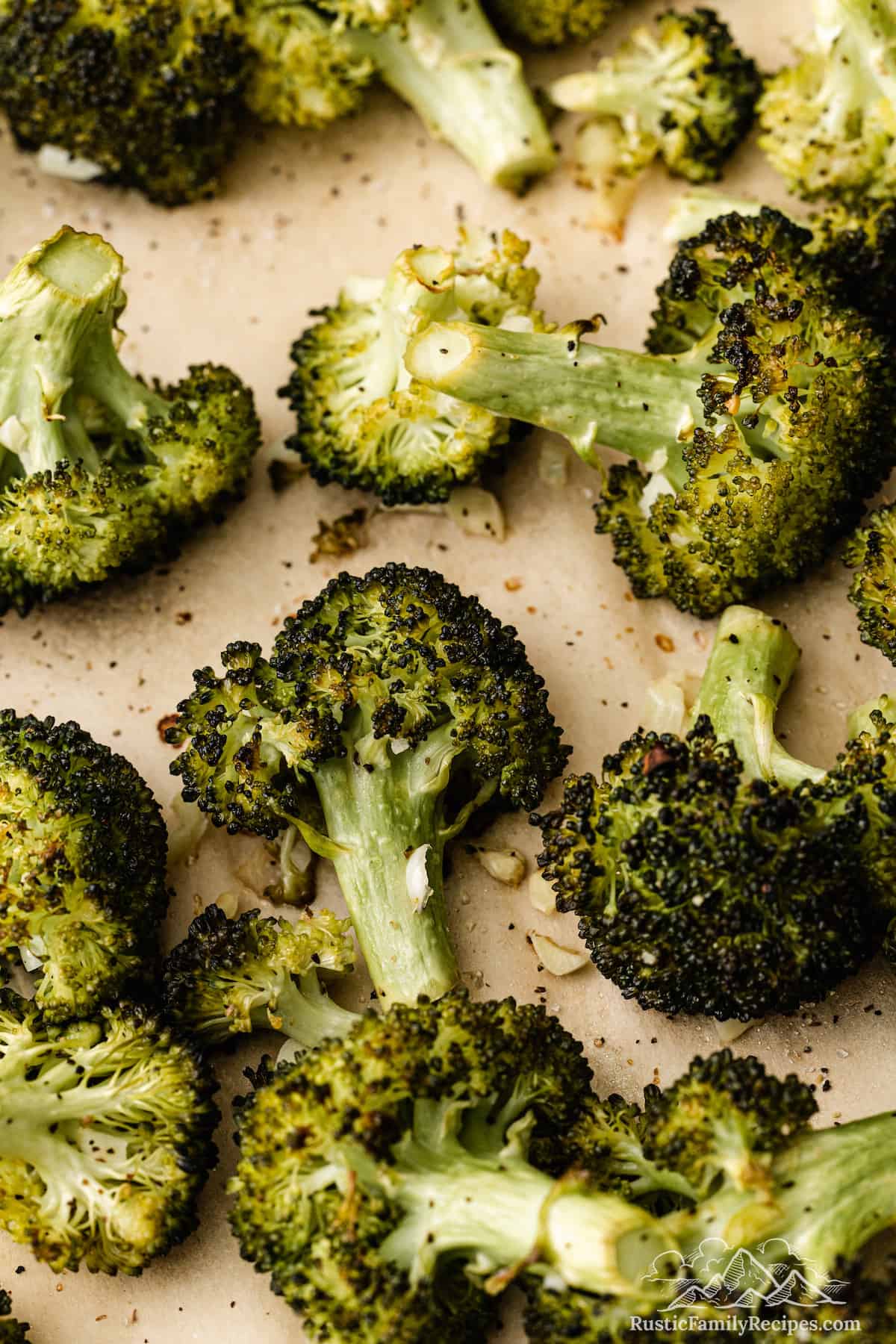 Roasted broccoli on parchment paper