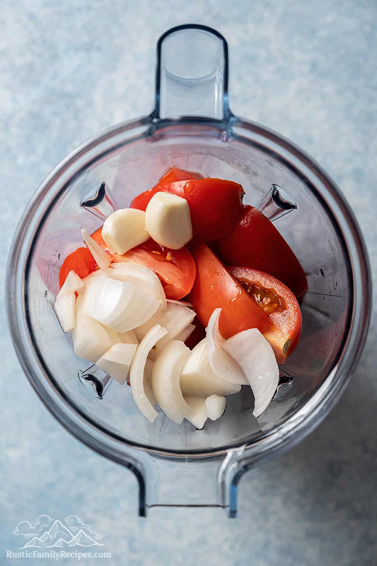Onions and tomatoes in a blender
