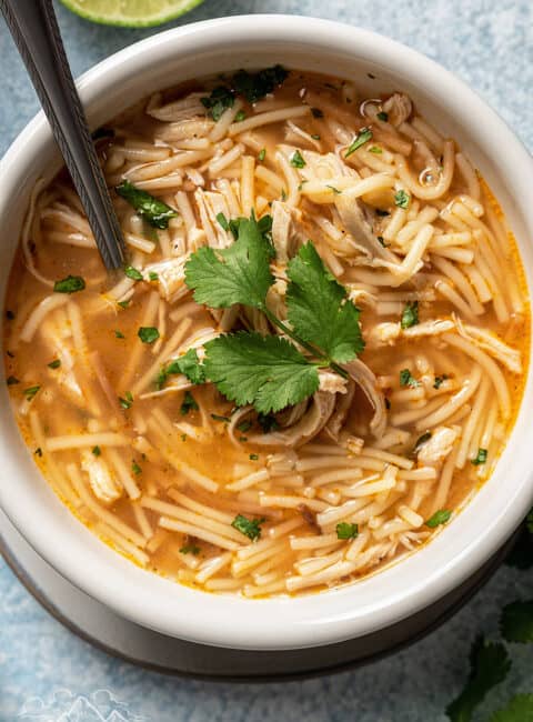 Overhead of a bowl of sopa de fideo