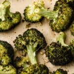 Roasted broccoli on parchment paper