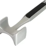 A silver meat tenderizer with a black handle