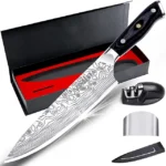 Sharp chef's knife next to a red box.