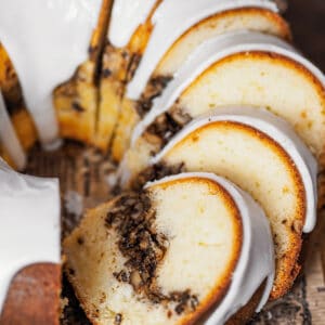 A sliced sock it to me bundt cake where you can see the filling