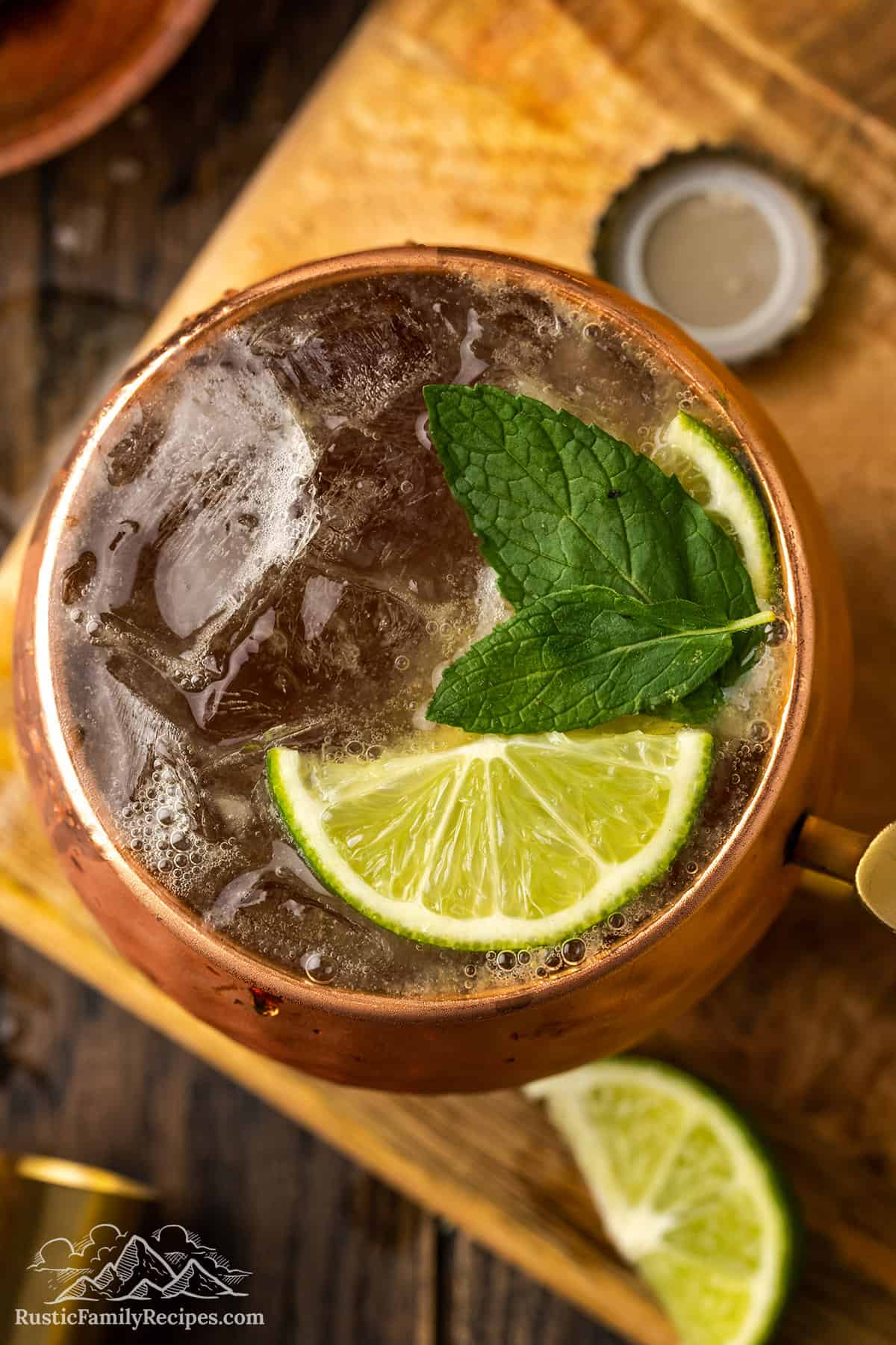 Top view of a Kentucky Mule drink in a copper
