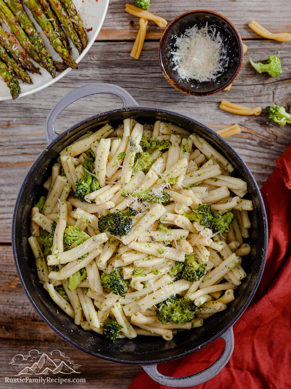 Creamy broccoli pasta in a pot, top view