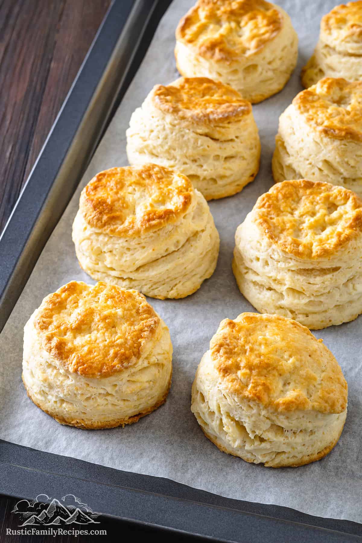 Cathead biscuits baked on a baking sheet.