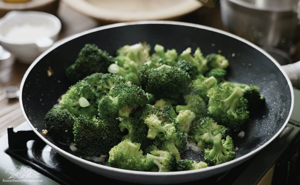Cooked broccoli in a skillet