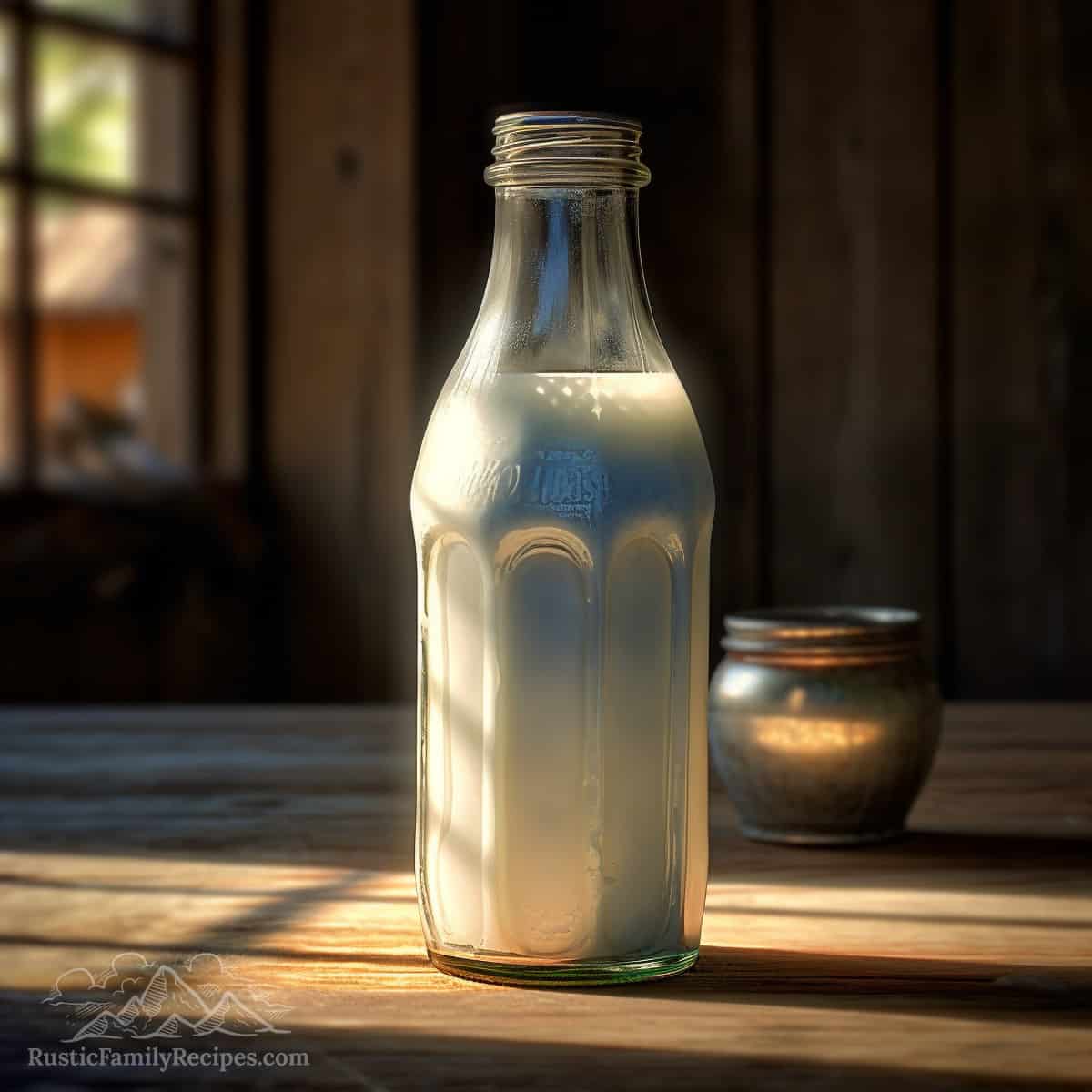A jar of buttermilk in a rustic old fashioned bottle