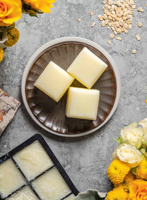 Cubes of frozen buttermilk on a platter