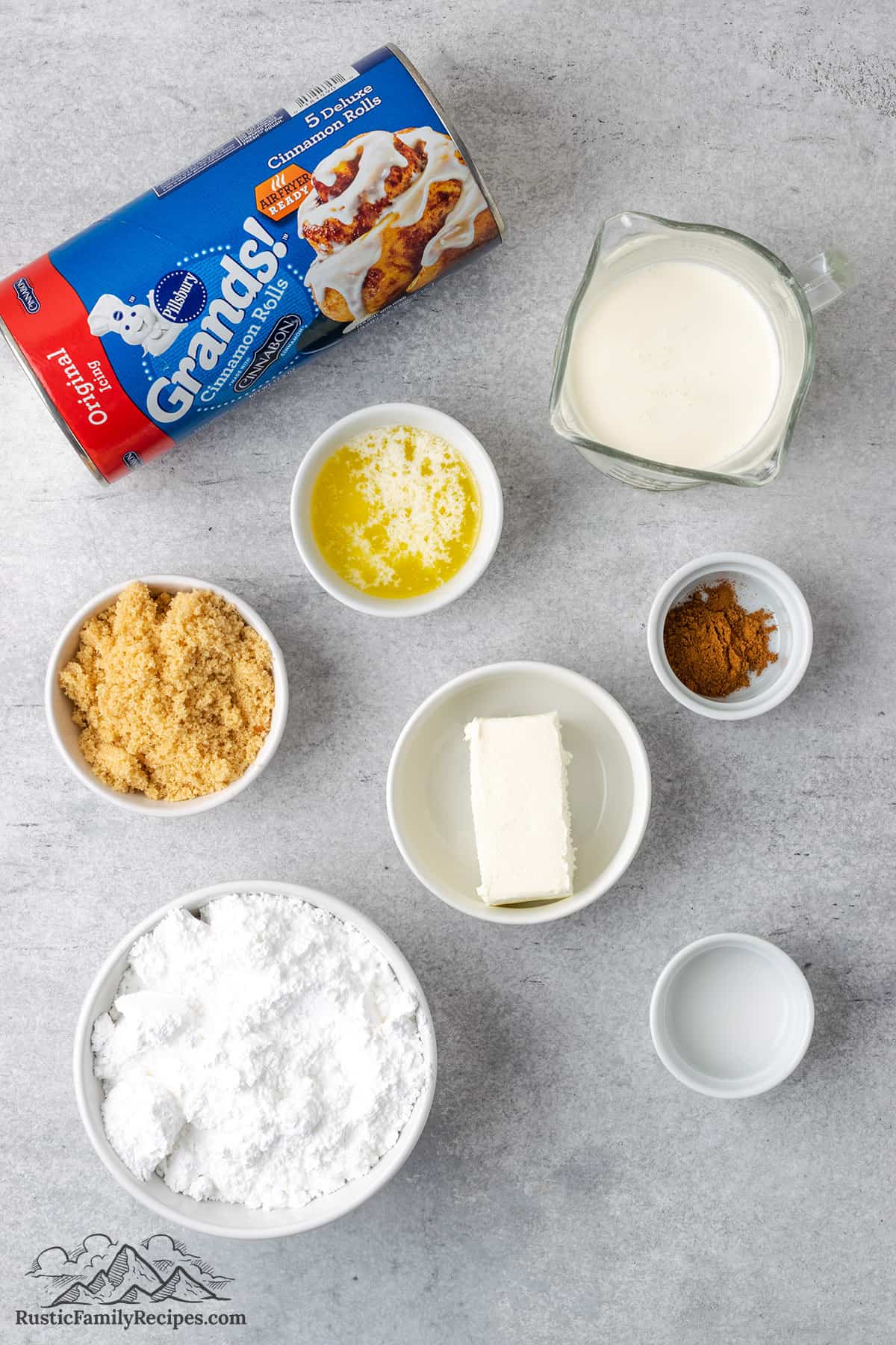 Ingredients for TikTok Cinnamon Rolls on a marble counter