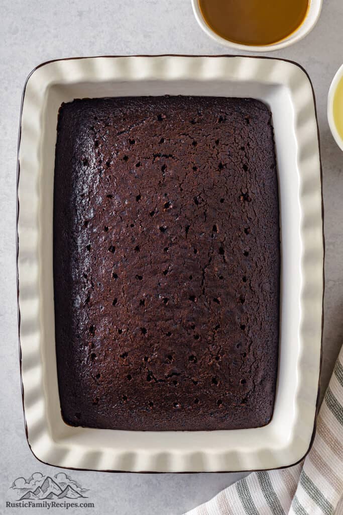 Baked chocolate cake in a baking dish
