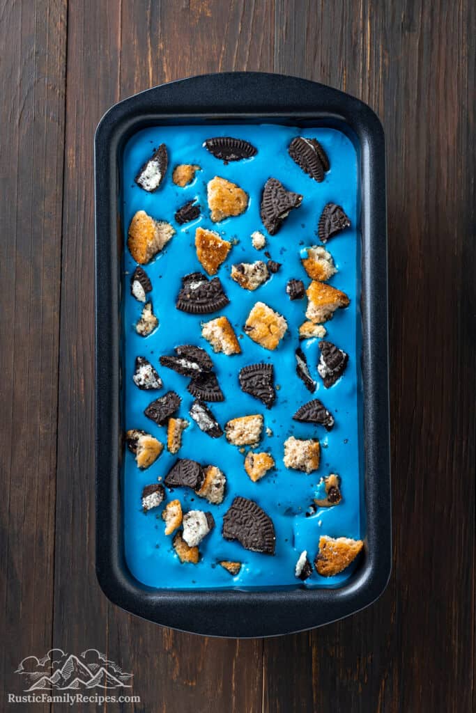 Unfrozen blue ice cream in a loaf pan