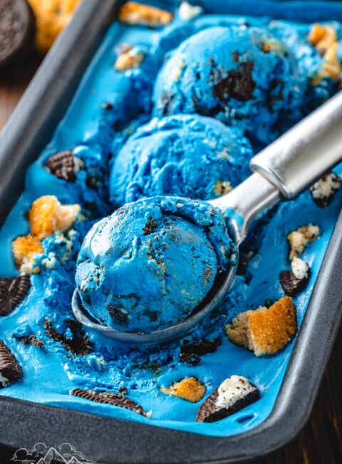 3 scoops of blue Cookie Monster Ice cream in a loaf pan