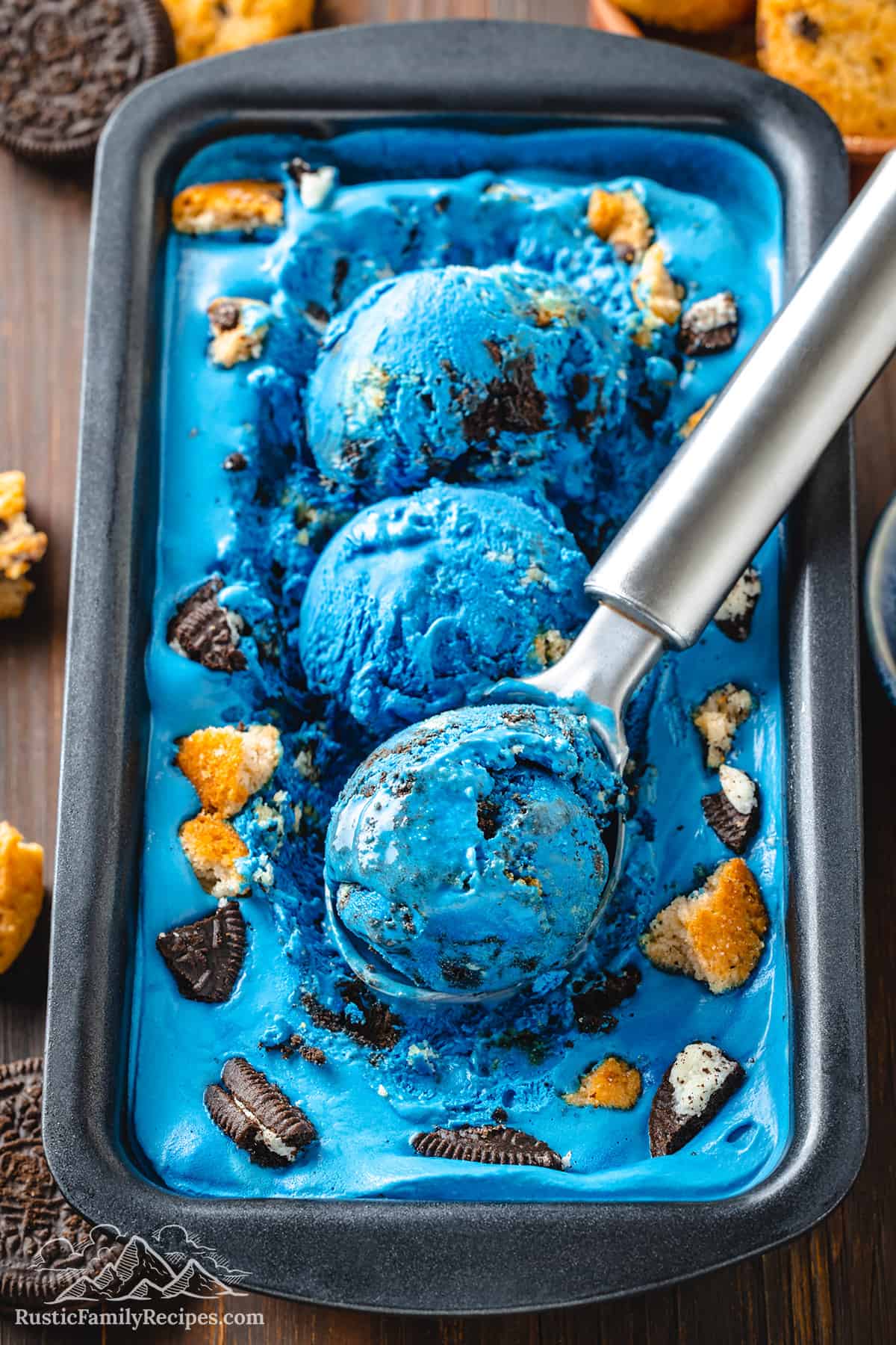 3 scoops of blue Cookie Monster Ice cream in a loaf pan